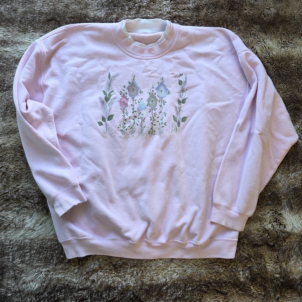 Pink Cottagecore Birdhouse Sweatshirt XL Vintage Garden Fairycore Soft Girl